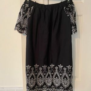 NY& C Black Embroidered Cotton Scalloped A-line Cotton Dress Off Shoulder
